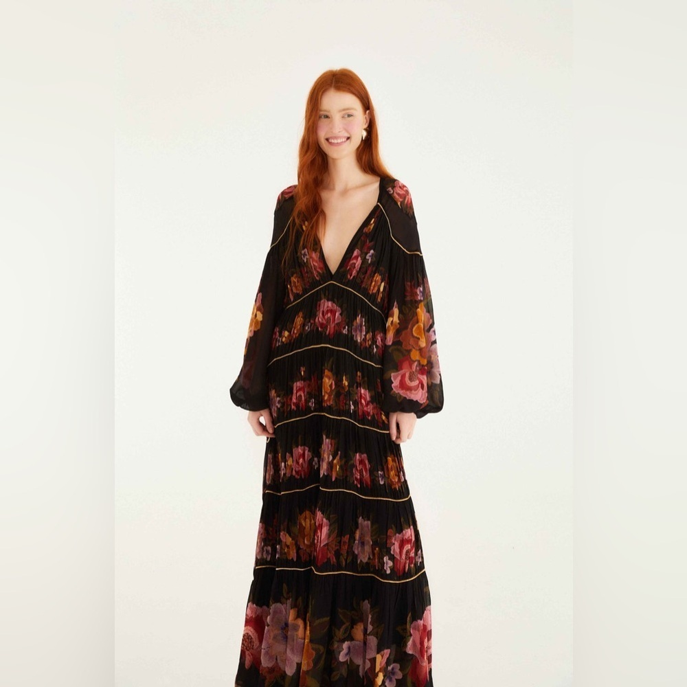 Farm Rio: Black Chenille Flowers Long Sleeve Midi Dress - Picture 4 of 10